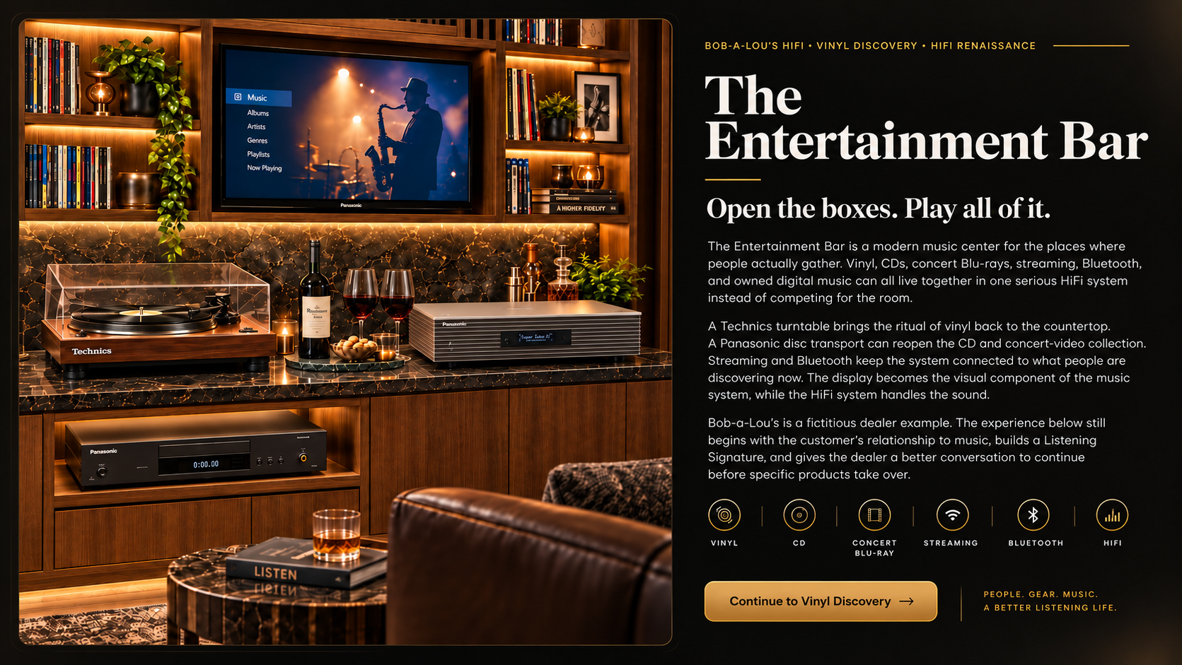 Entertainment Bar concept with Technics turntable, disc transport, streaming and HiFi system